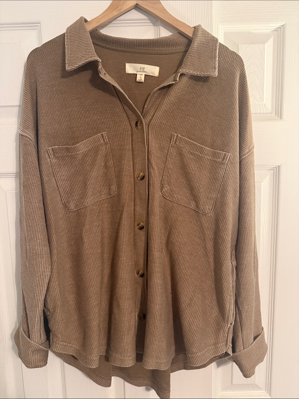 Thread & Supply Ribbed Knit Shacket in Taupe Brown